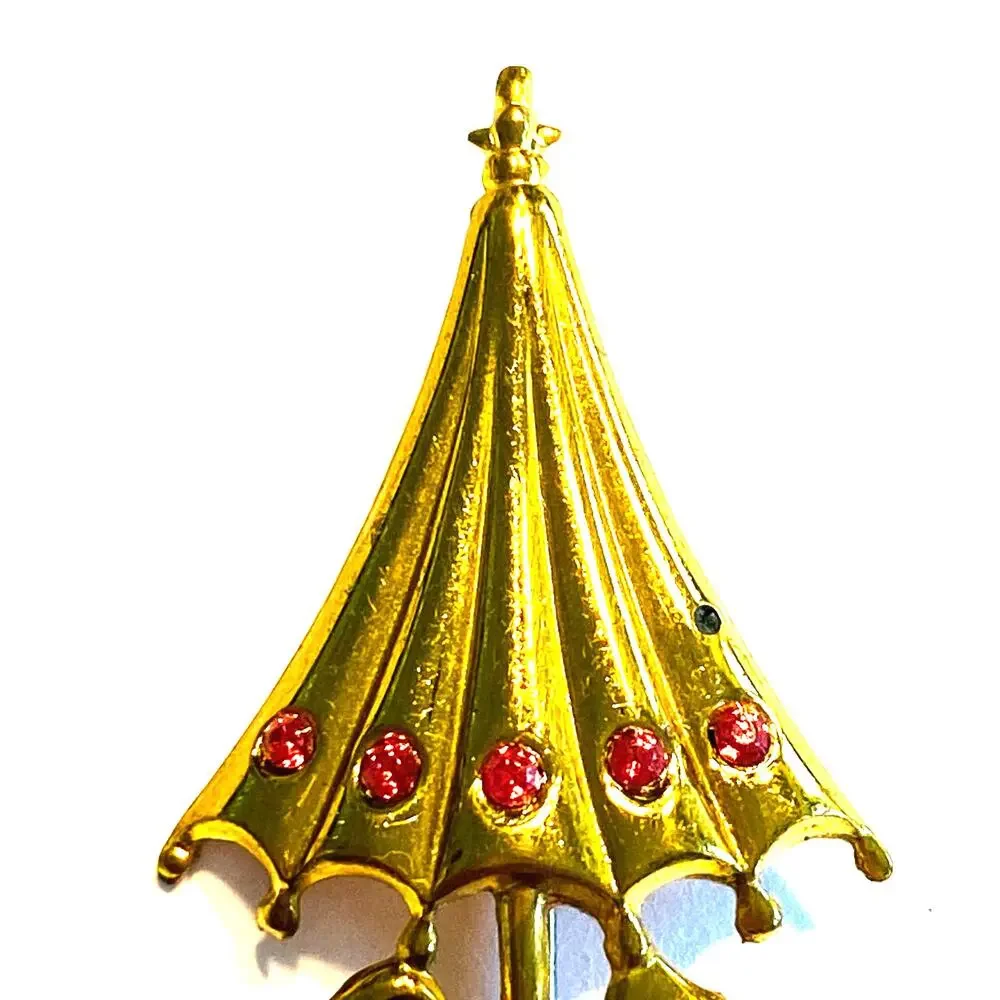 Vintage Mid Century Brooch Charming Dimensional Gold Umbrella & Pink Rhinestones